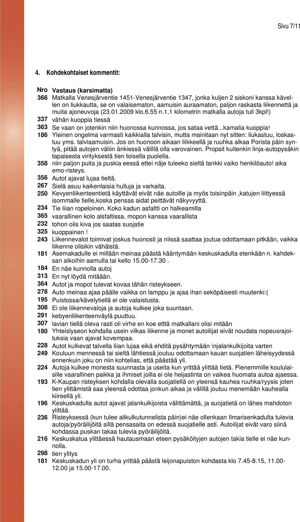 paljon raskasta liikennettä ja muita ajoneuvoja (23.01.2009 klo.6.55 n.1,1 kilometrin matkalla autoja tuli 3kpl!