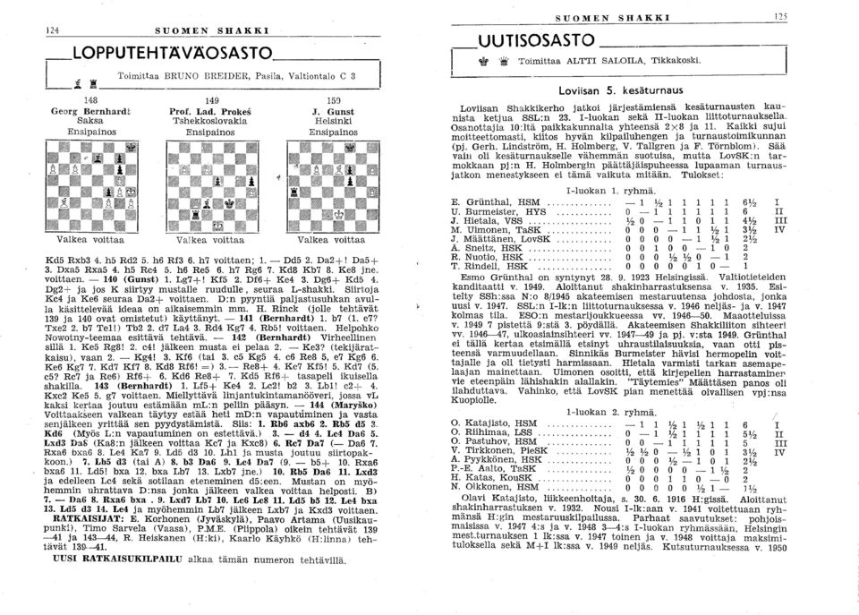 h7 Rg6 7. Kd8 Kb7 8. Ke8 jne. voittaen. - 10 (Gunst) Lg7 +! Kf5 2. Df6+ Ke 3. Dg6+ Kd5. Dg2+ ja jos K siirtyy mustalle ruudulle, seuraa L-shakki. Siirtoja Kc ja Ke6 seuraa Da2+ voittaen.