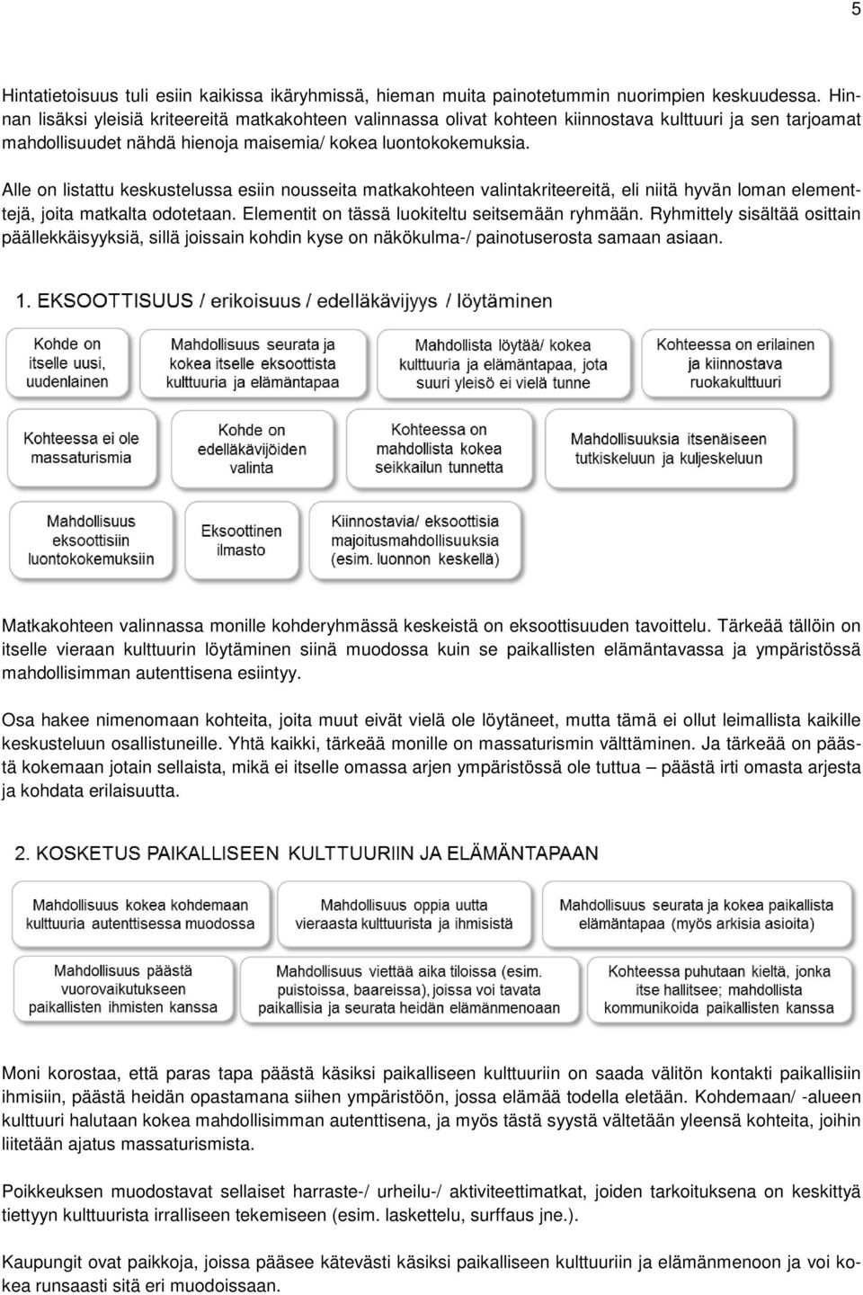 Alle on listattu keskustelussa esiin nousseita matkakohteen valintakriteereitä, eli niitä hyvän loman elementtejä, joita matkalta odotetaan. Elementit on tässä luokiteltu seitsemään ryhmään.