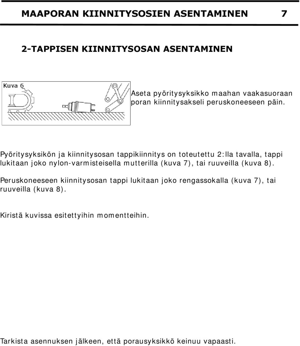 Pyöritysyksikön ja kiinnitysosan tappikiinnitys on toteutettu 2:lla tavalla, tappi lukitaan joko nylon-varmisteisella mutterilla