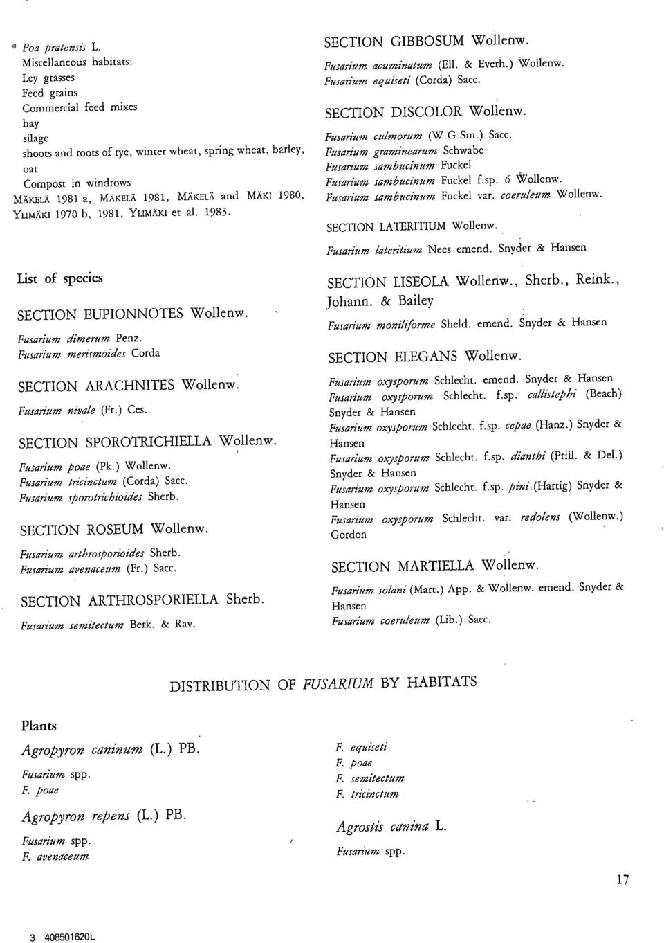 MÄKELÄ and MÄKI 1980, YLINIÄKI 1970 b, 1981, YLlmÄKI et al. 1983. List of species SECTION EUPIONNOTES Wollenw. Fusarium dimerum Penz. Fusarium merirmoides Corda SECTION ARACHNI1ES Wollenw.