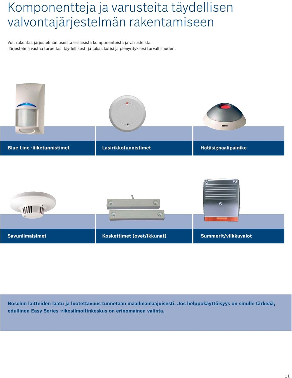 Blue Line -liiketunnistimet Lasirikkotunnistimet Hätäsignaalipainike Savunilmaisimet Koskettimet (ovet/ikkunat) Summerit/vilkkuvalot Boschin