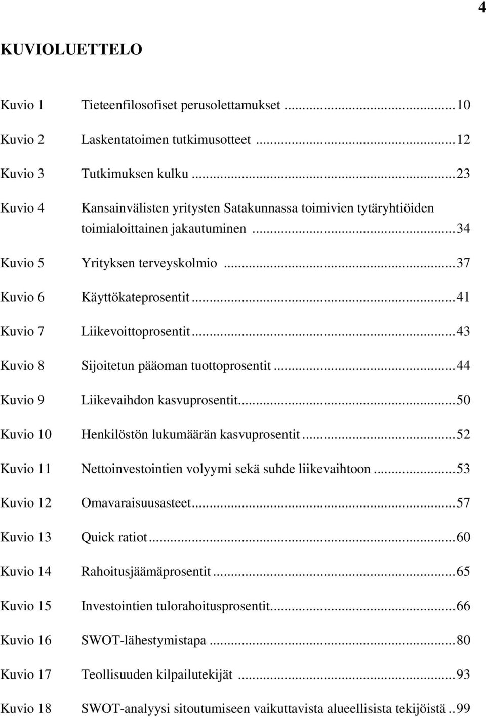 ..41 Kuvio 7 Liikevoittoprosentit...43 Kuvio 8 Sijoitetun pääoman tuottoprosentit...44 Kuvio 9 Liikevaihdon kasvuprosentit...50 Kuvio 10 Henkilöstön lukumäärän kasvuprosentit.