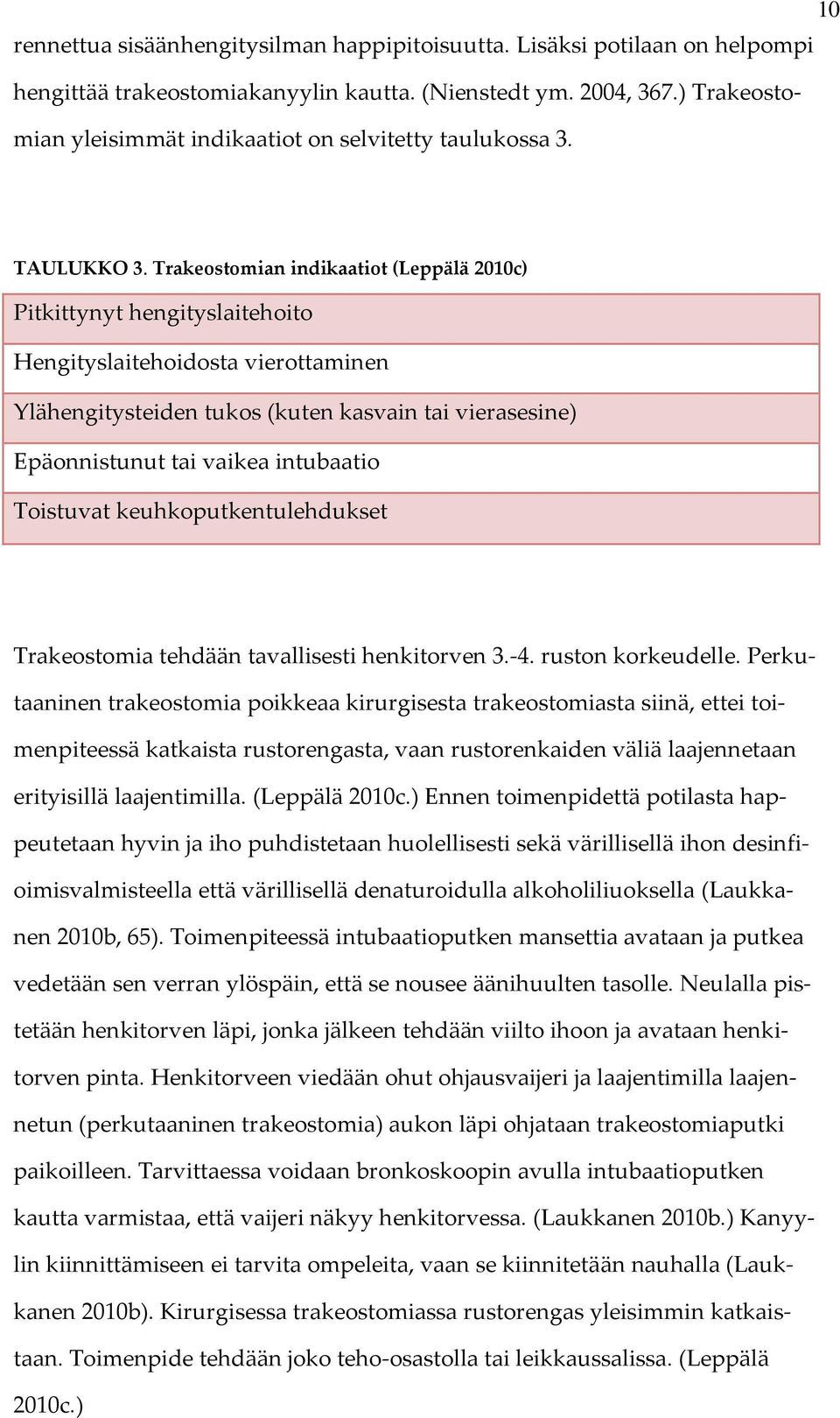 Trakeostomian indikaatiot (Leppälä 2010c) Pitkittynyt hengityslaitehoito Hengityslaitehoidosta vierottaminen Ylähengitysteiden tukos (kuten kasvain tai vierasesine) Epäonnistunut tai vaikea