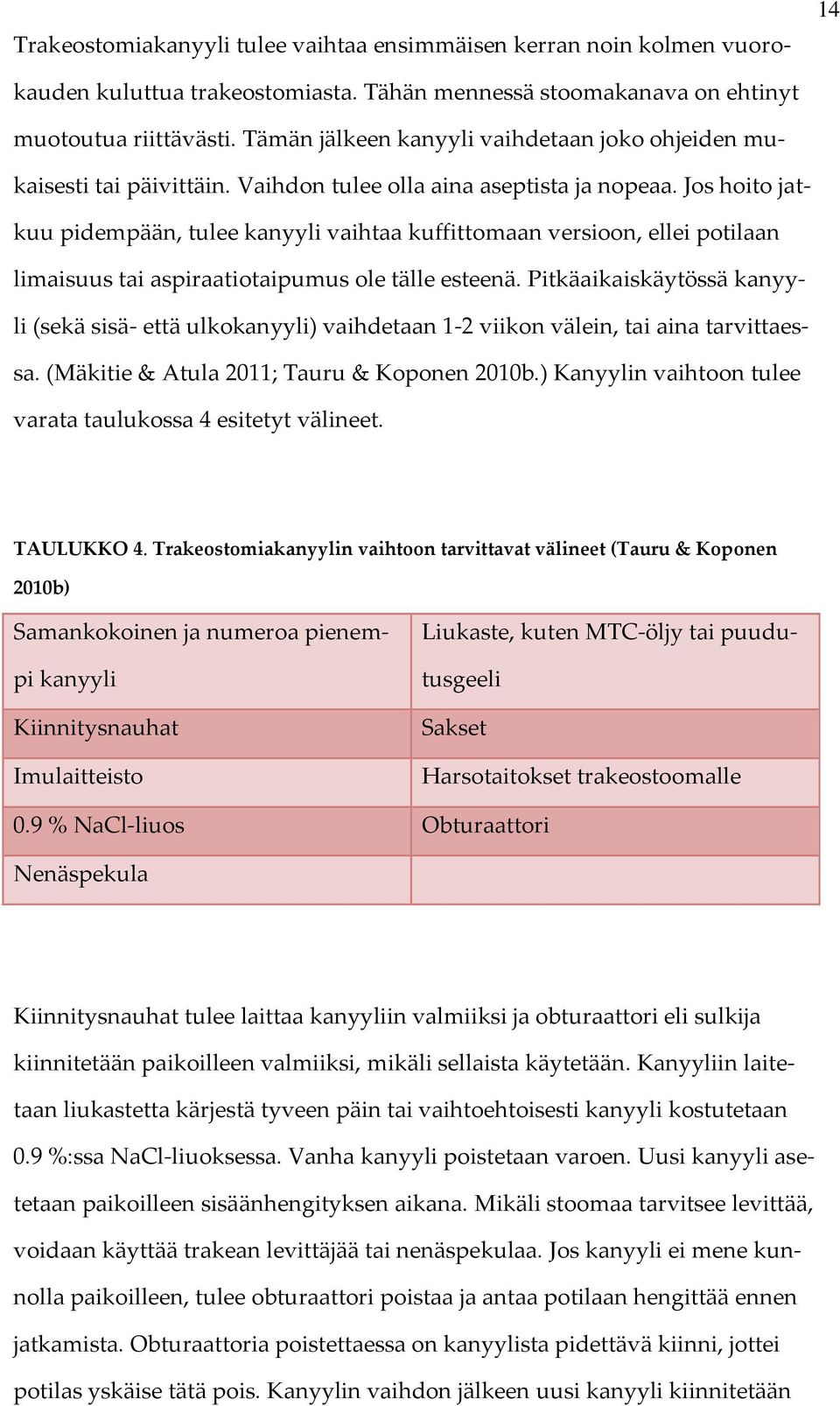 Jos hoito jatkuu pidempään, tulee kanyyli vaihtaa kuffittomaan versioon, ellei potilaan limaisuus tai aspiraatiotaipumus ole tälle esteenä.