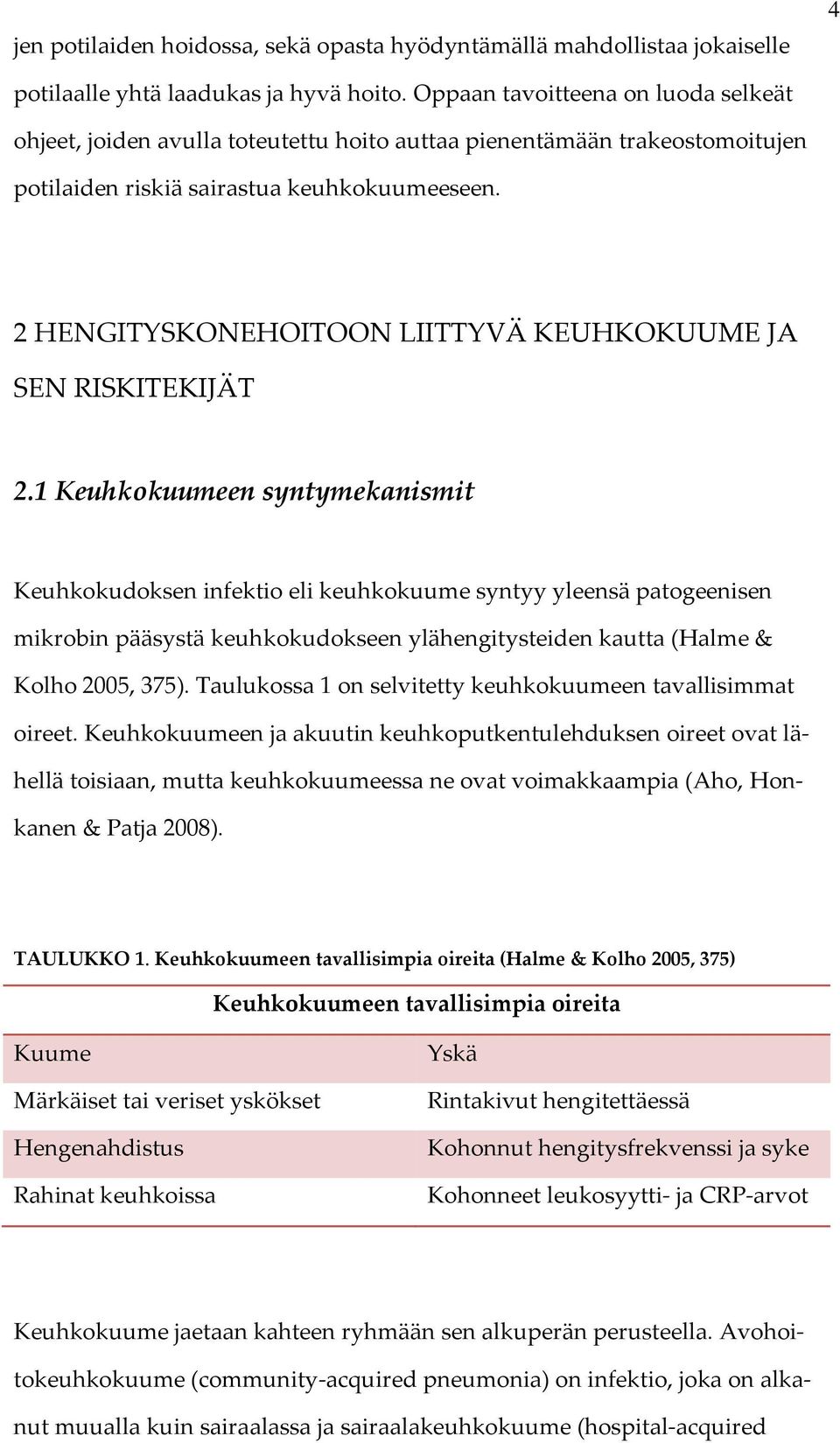 2 HENGITYSKONEHOITOON LIITTYVÄ KEUHKOKUUME JA SEN RISKITEKIJÄT 2.