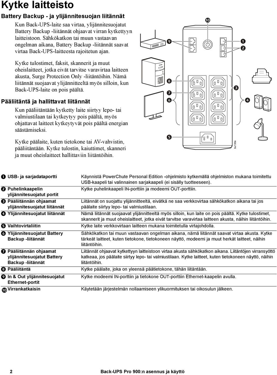 Kytke tulostimet, faksit, skannerit ja muut oheislaitteet, jotka eivät tarvitse varavirtaa laitteen akusta, Surge Protection Only -liitäntöihin.