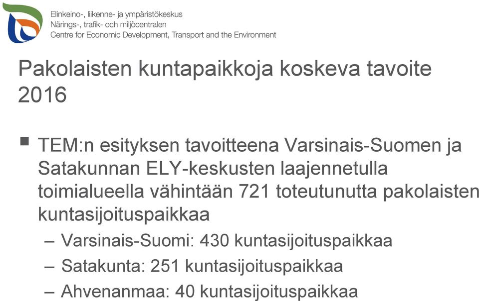 721 toteutunutta pakolaisten kuntasijoituspaikkaa Varsinais-Suomi: 430