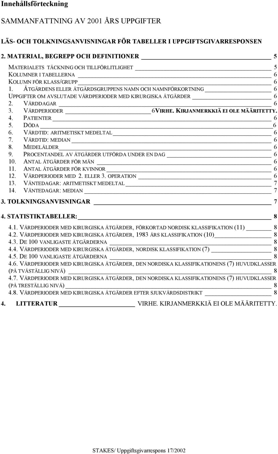 ÅTGÄRDENS ELLER ÅTGÄRDSGRUPPENS NAMN OCH NAMNFÖRKORTNING 6 UPPGIFTER OM AVSLUTADE VÅRDPERIODER MED KIRURGISKA ÅTGÄRDER 6 2. VÅRDDAGAR 6 3. VÅRDPERIODER 6VIRHE. KIRJANMERKKIÄ EI OLE MÄÄRITETTY. 4.