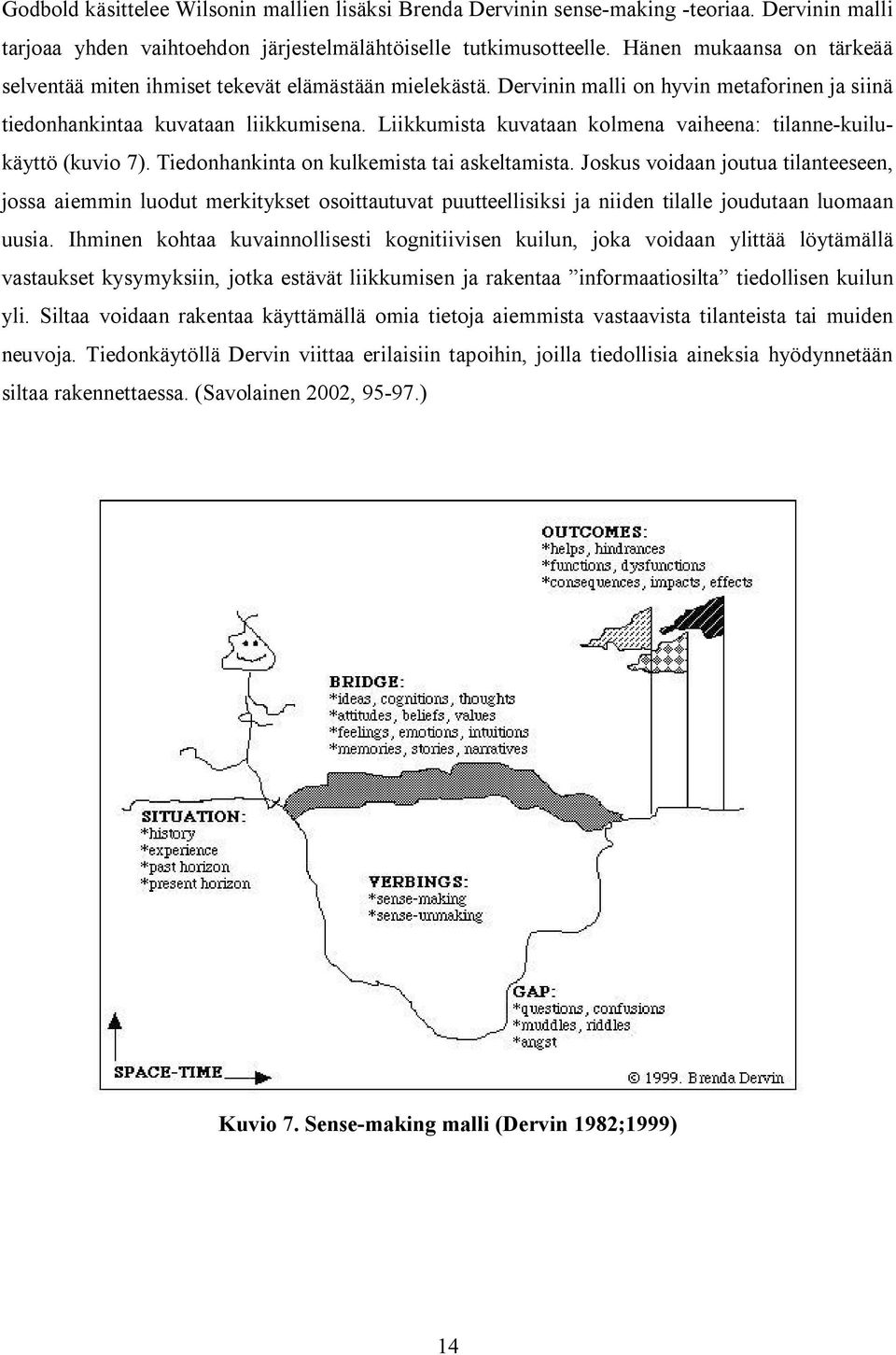 Liikkumista kuvataan kolmena vaiheena: tilanne-kuilukäyttö (kuvio 7). Tiedonhankinta on kulkemista tai askeltamista.