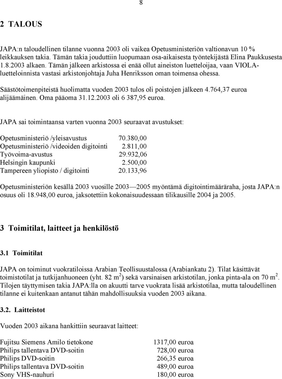 Säästötoimenpiteistä huolimatta vuoden 2003 tulos oli poistojen jälkeen 4.764,37 euroa alijäämäinen. Oma pääoma 31.12.2003 oli 6 387,95 euroa.