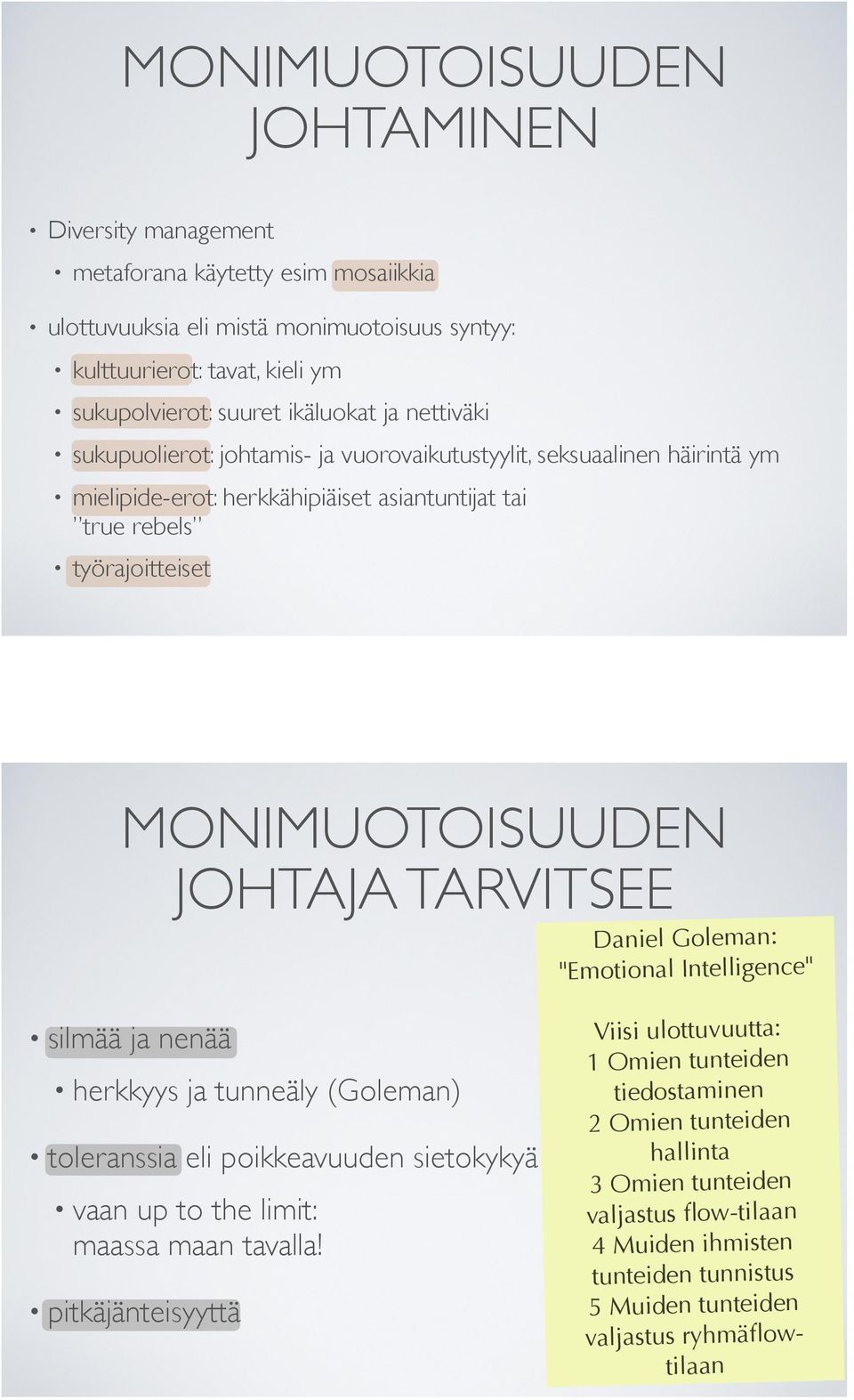 TARVITSEE Daniel Goleman: "Emotional Intelligence" silmää ja nenää herkkyys ja tunneäly (Goleman) toleranssia eli poikkeavuuden sietokykyä vaan up to the limit: maassa maan tavalla!