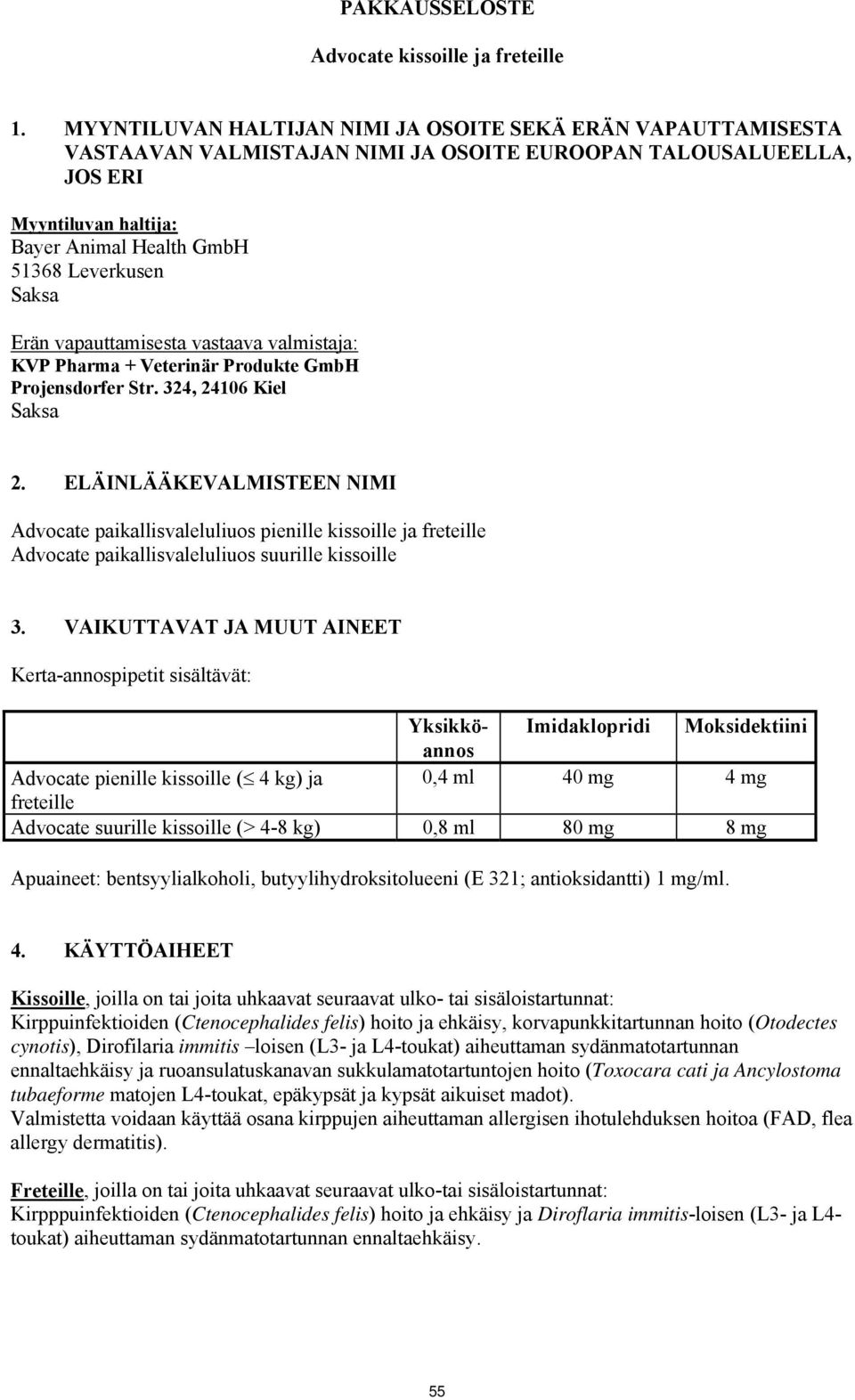 Saksa Erän vapauttamisesta vastaava valmistaja: KVP Pharma + Veterinär Produkte GmbH Projensdorfer Str. 324, 24106 Kiel Saksa 2.
