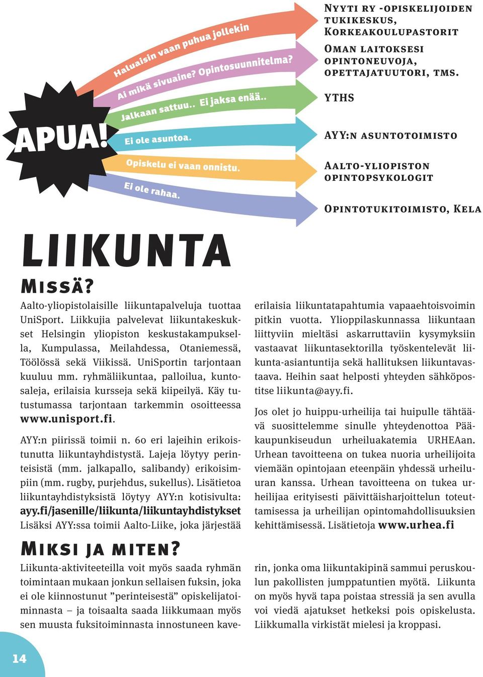 Liikkujia palvelevat liikuntakeskukset Helsingin yliopiston keskustakampuksella, Kumpulassa, Meilahdessa, Otaniemessä, Töölössä sekä Viikissä. UniSportin tarjontaan kuuluu mm.