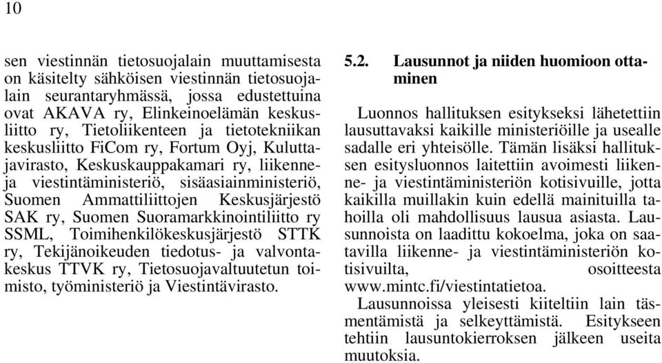 Suoramarkkinointiliitto ry SSML, Toimihenkilökeskusjärjestö STTK ry, Tekijänoikeuden tiedotus- ja valvontakeskus TTVK ry, Tietosuojavaltuutetun toimisto, työministeriö ja Viestintävirasto. 5.2.