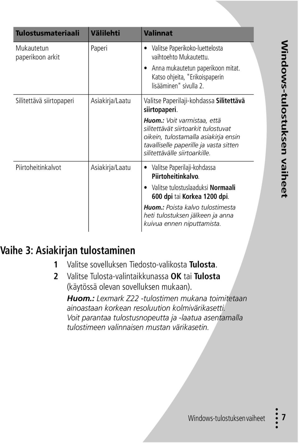 : Voit varmistaa, että silitettävät siirtoarkit tulostuvat oikein, tulostamalla asiakirja ensin tavalliselle paperille ja vasta sitten silitettävälle siirtoarkille.