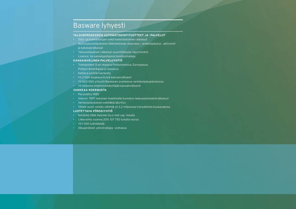 Pohjoismaissa, Euroopassa, Pohjois-Amerikassa ja Aasiassa Kattava partneriverkosto Yli 2 000 asiakasyritystä kansainvälisesti Yli 500 000 yritystä Baswaren avoimessa verkkkolaskupalvelussa Yli