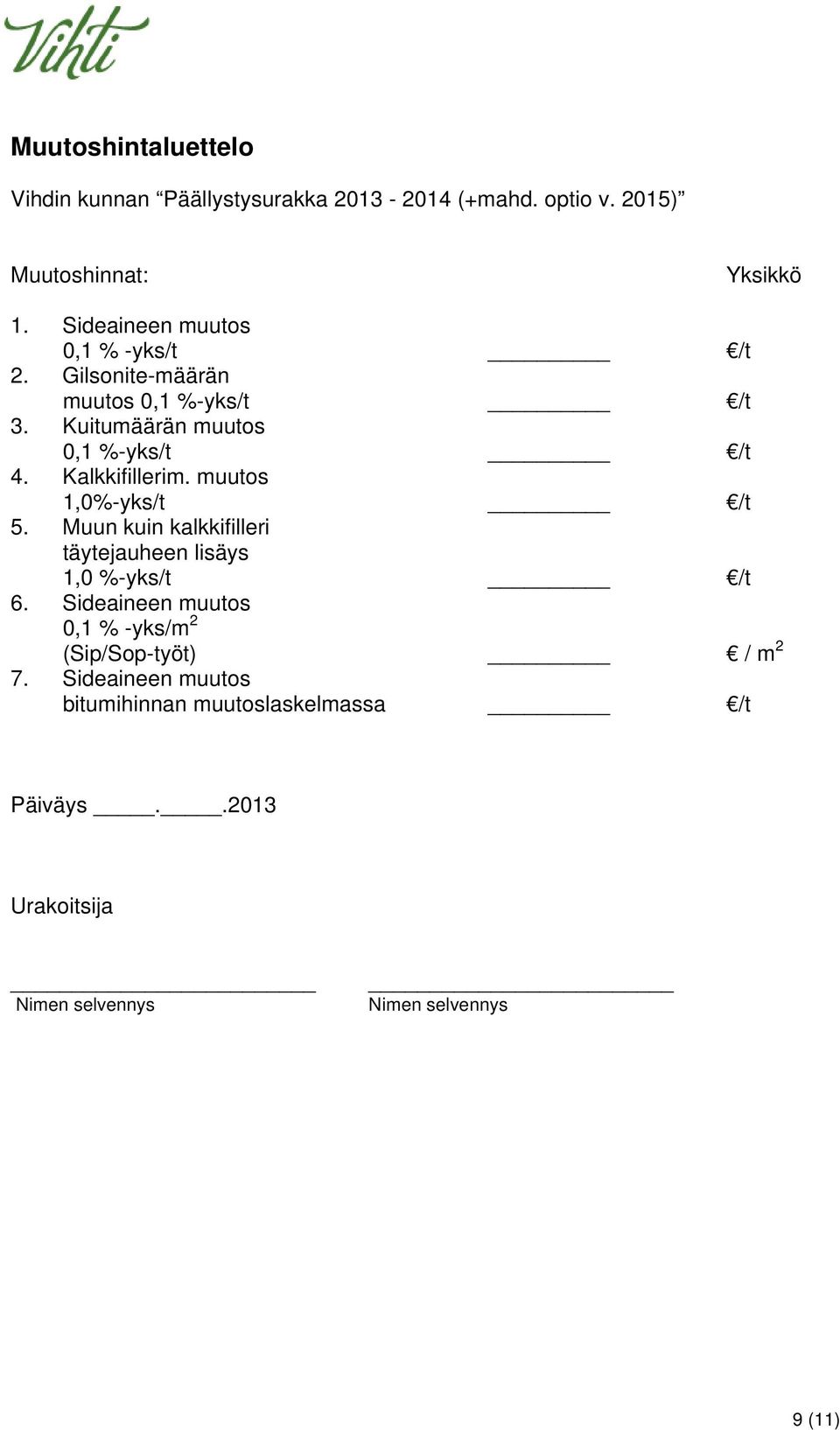 Kalkkifillerim. muutos 1,0%-yks/t /t 5. Muun kuin kalkkifilleri täytejauheen lisäys 1,0 %-yks/t /t 6.