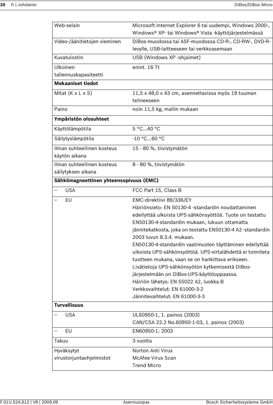 16 Tt 11,5 x 48,0 x 43 cm, asennettavissa myös 19 tuuman telineeseen noin 11,5 kg, mallin mukaan Ympäristön olosuhteet Käyttölämpötila 5 C...40 C Säilytyslämpötila -10 C.