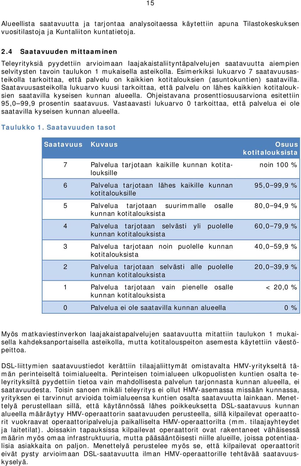 Esimerkiksi lukuarvo 7 saatavuusasteikolla tarkoittaa, että palvelu on kaikkien kotitalouksien (asuntokuntien) saatavilla.