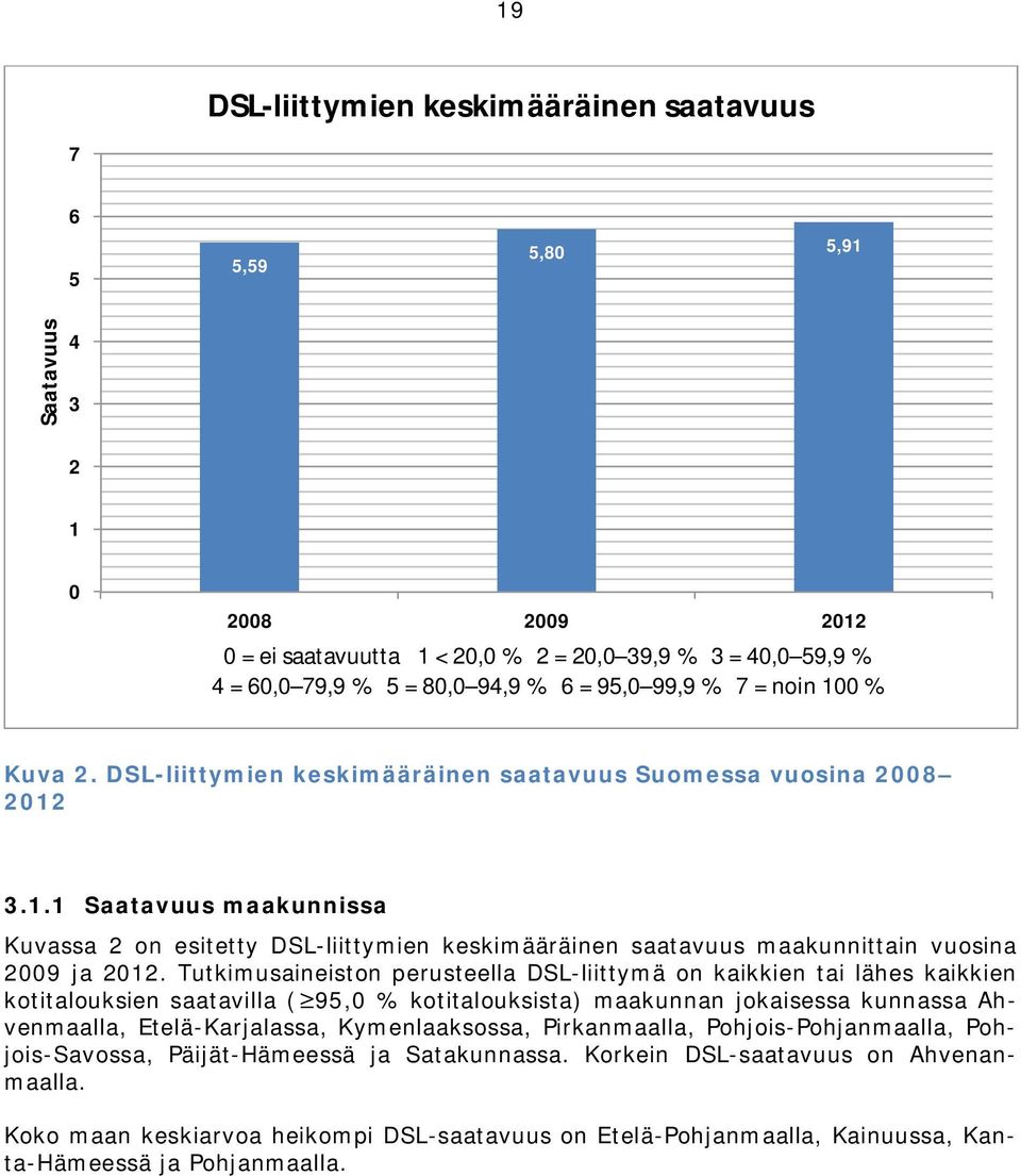 Tutkimusaineiston perusteella DSL-liittymä on kaikkien tai lähes kaikkien kotitalouksien saatavilla ( 95,0 % kotitalouksista) maakunnan jokaisessa kunnassa Ahvenmaalla, Etelä-Karjalassa,