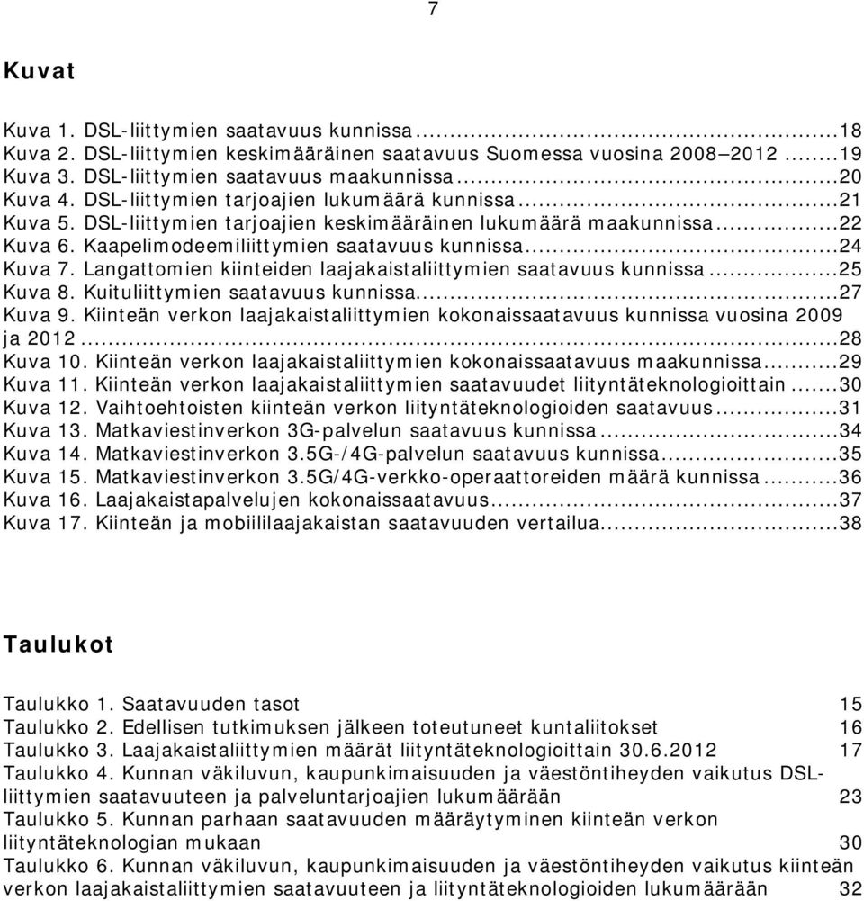 Langattomien kiinteiden laajakaistaliittymien saatavuus kunnissa...25 Kuva 8. Kuituliittymien saatavuus kunnissa...27 Kuva 9.