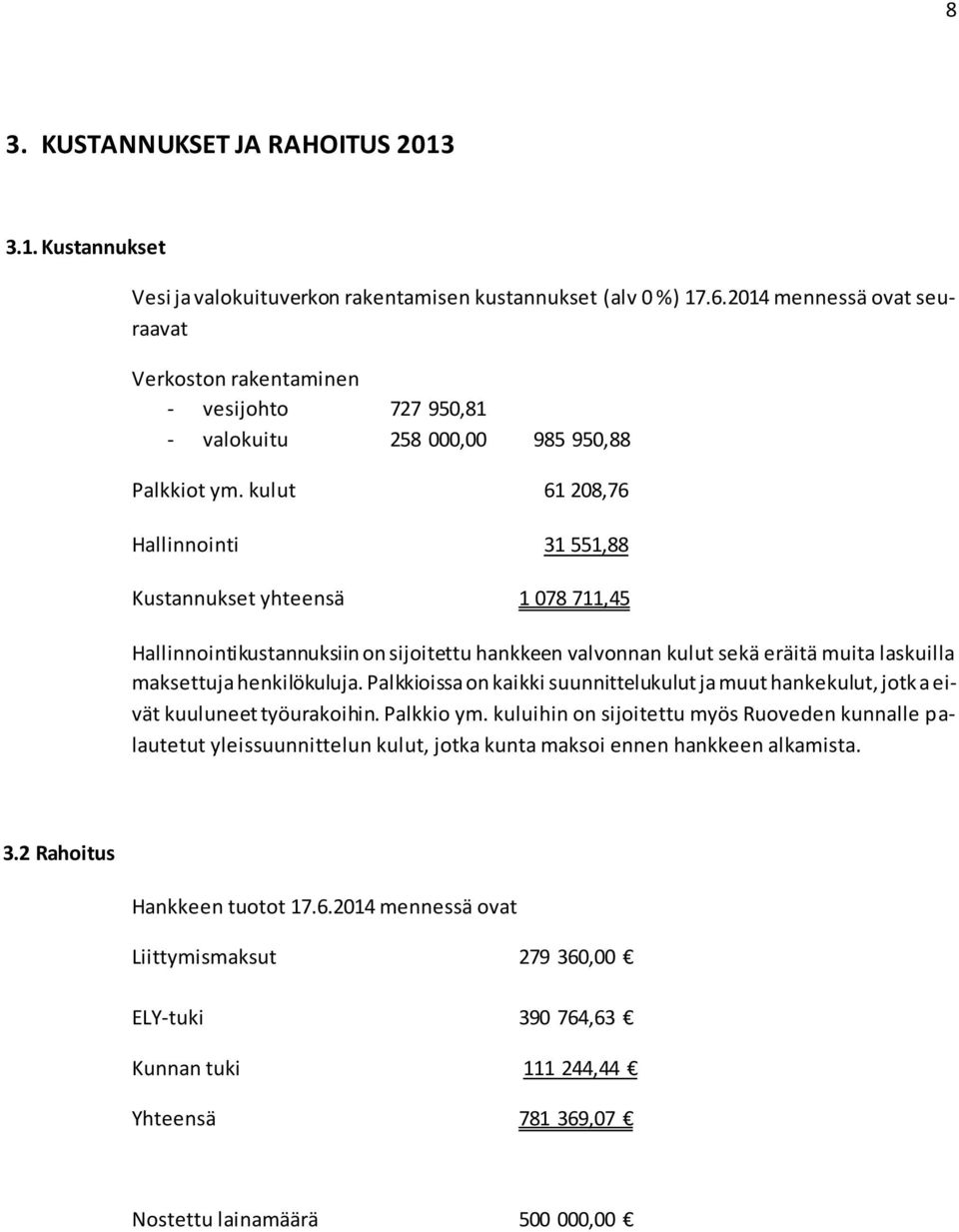 kulut 61 208,76 Hallinnointi 31 551,88 Kustannukset yhteensä 1 078 711,45 Hallinnointikustannuksiin on sijoitettu hankkeen valvonnan kulut sekä eräitä muita laskuilla maksettuja henkilökuluja.