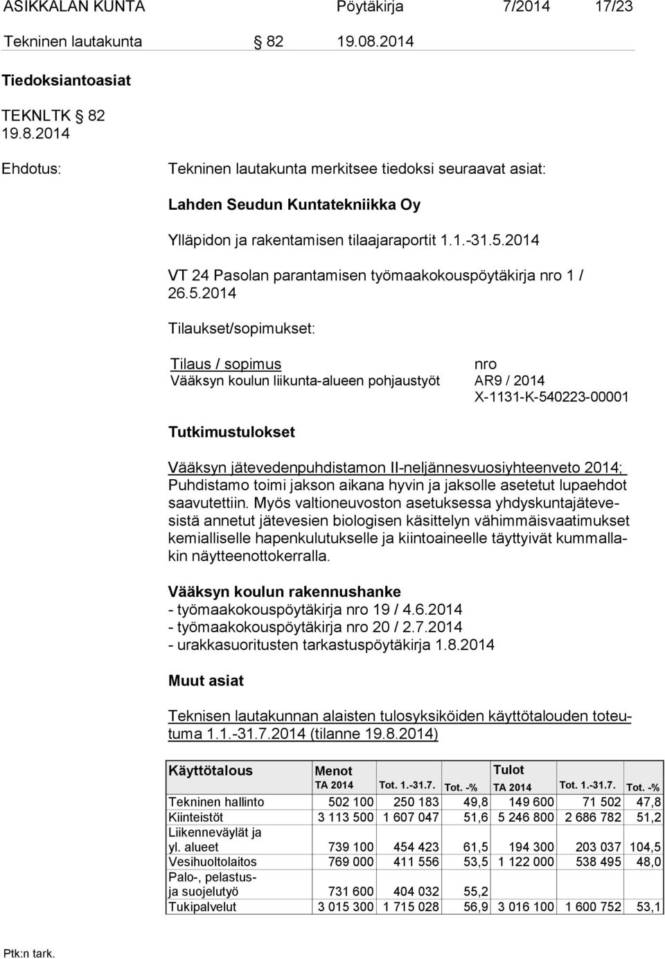 2014 VT 24 Pasolan parantamisen työmaakokouspöytäkirja nro 1 / 26.5.