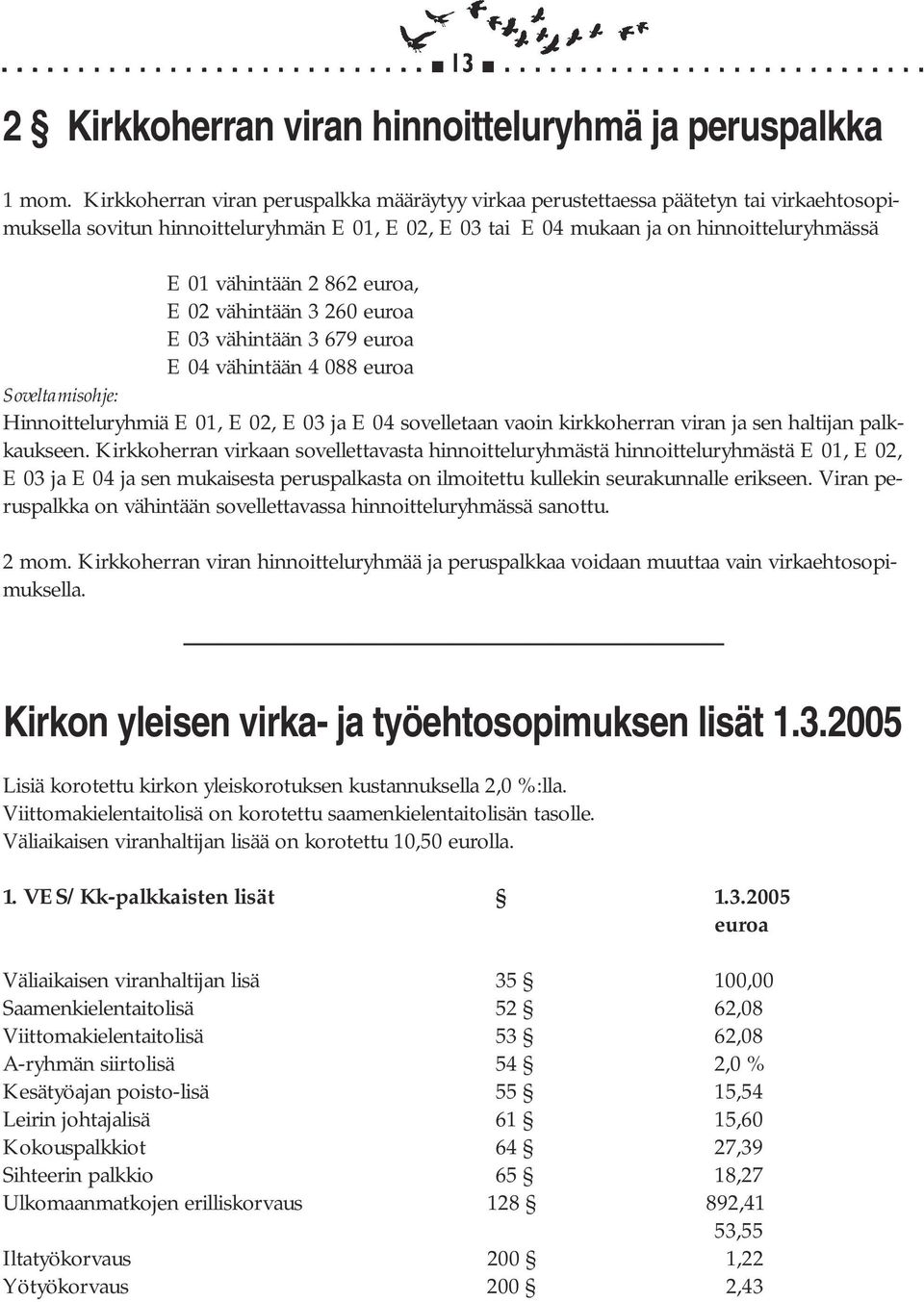 862 euroa, E 02 vähintään 3 260 euroa E 03 vähintään 3 679 euroa E 04 vähintään 4 088 euroa Soveltamisohje: Hinnoitteluryhmiä E 01, E 02, E 03 ja E 04 sovelletaan vaoin kirkkoherran viran ja sen