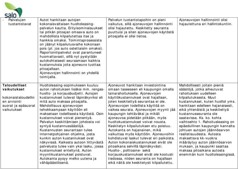 jos auto ostettaisiin omaksi). Raportointipalvelut ovat parantuneet huomattavasti, sillä nyt pystytään autokohtaisesti seuraamaan kaikkia kustannuksia joita ajoneuvo tuottaa pitoajallaan.