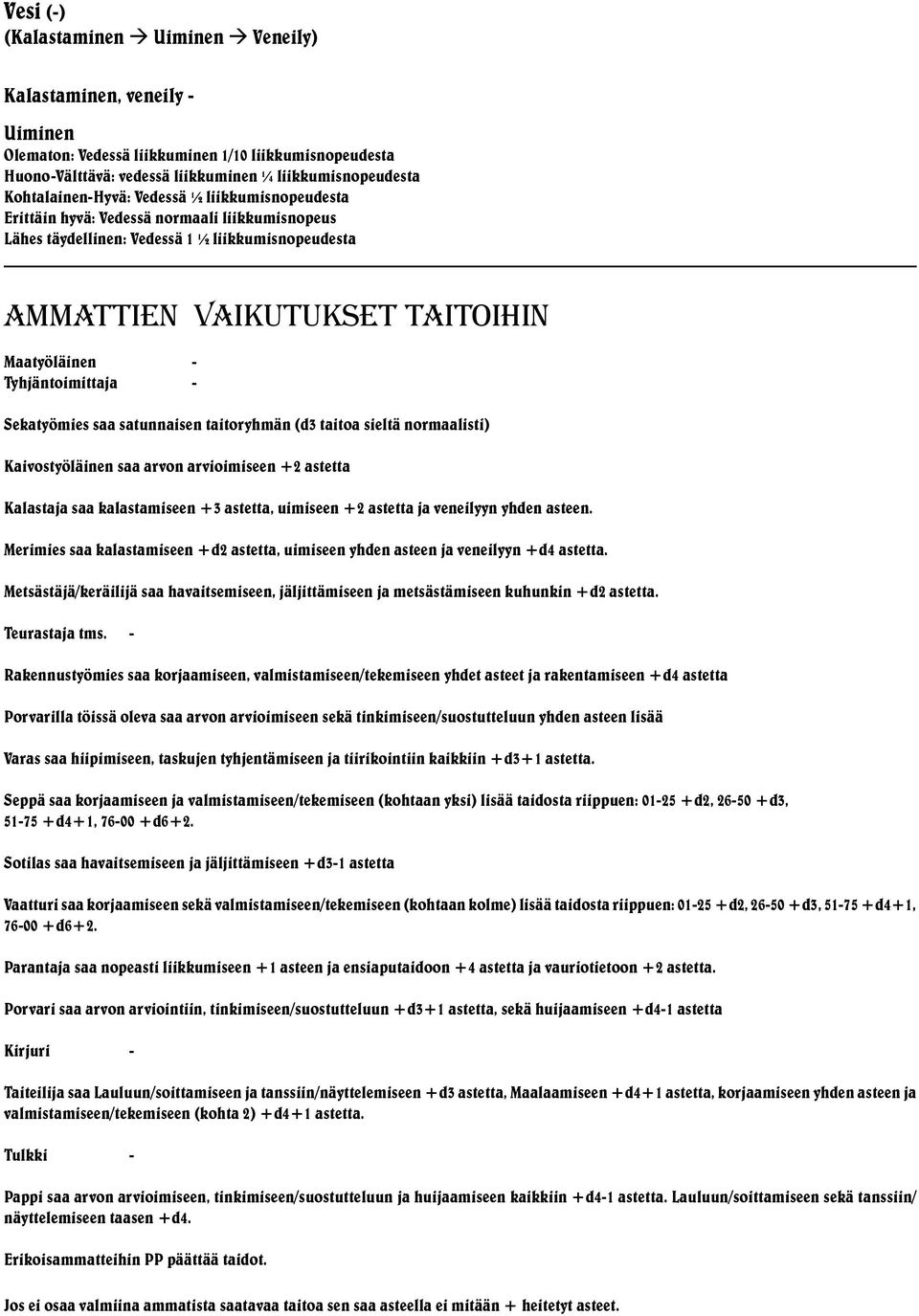 saa satunnaisen taitoryhmän (d taitoa sieltä normaalisti) Kaivostyöläinen saa arvon arvioimiseen + astetta Kalastaja saa kalastamiseen + astetta, uimiseen + astetta ja veneilyyn yhden asteen.