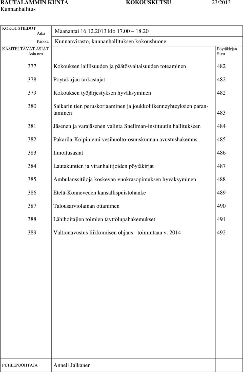 toteaminen Pöytäkirjan tarkastajat Kokouksen työjärjestyksen hyväksyminen Saikarin tien peruskorjaaminen ja joukkoliikenneyhteyksien parantaminen Jäsenen ja varajäsenen valinta Snellman-instituutin