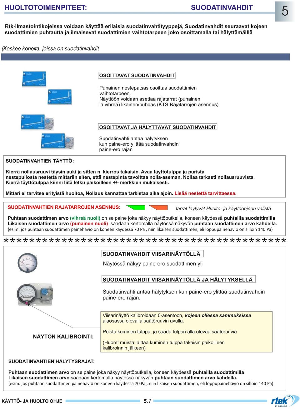 Näyttöön voidaan asettaa rajatarrat (punainen ja vihreä) likainen/puhdas (KTS Rajatarrojen asennus) OSOITTAVAT JA HÄLYTTÄVÄT SUODATINVAHDIT Suodatinvahti antaa hälytyksen kun paine-ero ylittää