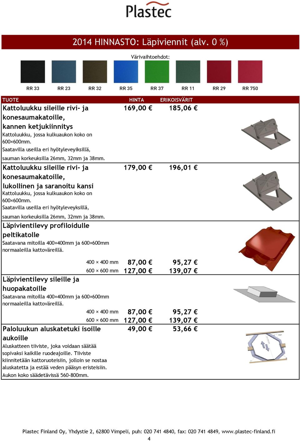 Läpivientilevy profiloidulle peltikatolle Saatavana mitoilla 400 400mm ja 600 600mm normaaleilla kattoväreillä.