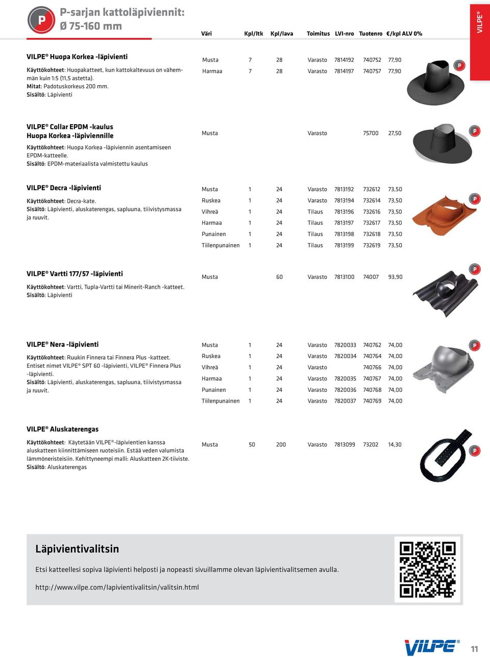 asentamiseen EPDM-katteelle. Sisältö: EPDM-materiaalista valmistettu kaulus Musta Varasto 75700 27,50 VILPE Decra -läpivienti Käyttökohteet: Decra-kate.