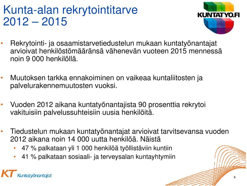 Vuoden 2012 aikana kuntatyönantajista 90 prosenttia rekrytoi vakituisiin palvelussuhteisiin uusia henkilöitä.