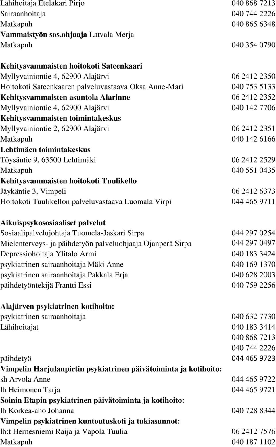 Kehitysvammaisten asuntola Alarinne 06 2412 2352 Myllyvainiontie 4, 62900 Alajärvi 040 142 7706 Kehitysvammaisten toimintakeskus Myllyvainiontie 2, 62900 Alajärvi 06 2412 2351 Matkapuh 040 142 6166