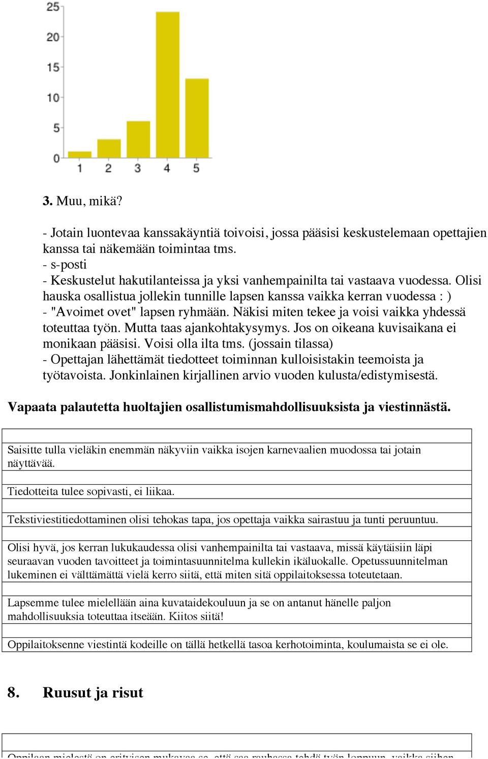 Olisi hauska osallistua jollekin tunnille lapsen kanssa vaikka kerran vuodessa : ) - "Avoimet ovet" lapsen ryhmään. Näkisi miten tekee ja voisi vaikka yhdessä toteuttaa työn.