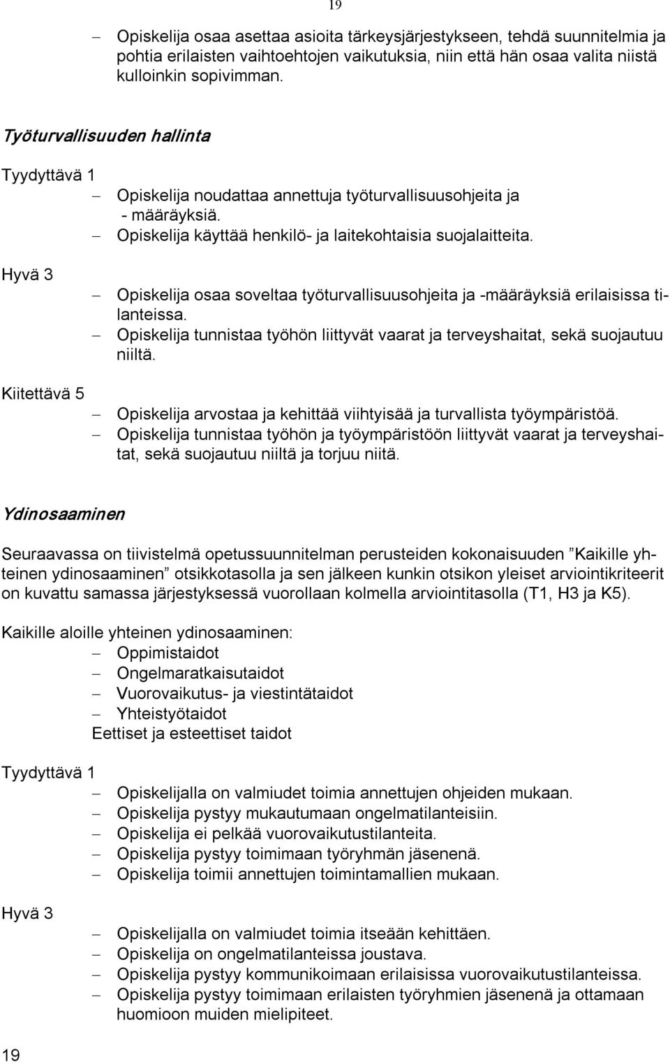 Hyvä 3 Opiskelija osaa soveltaa työturvallisuusohjeita ja määräyksiä erilaisissa tilanteissa. Opiskelija tunnistaa työhön liittyvät vaarat ja terveyshaitat, sekä suojautuu niiltä.