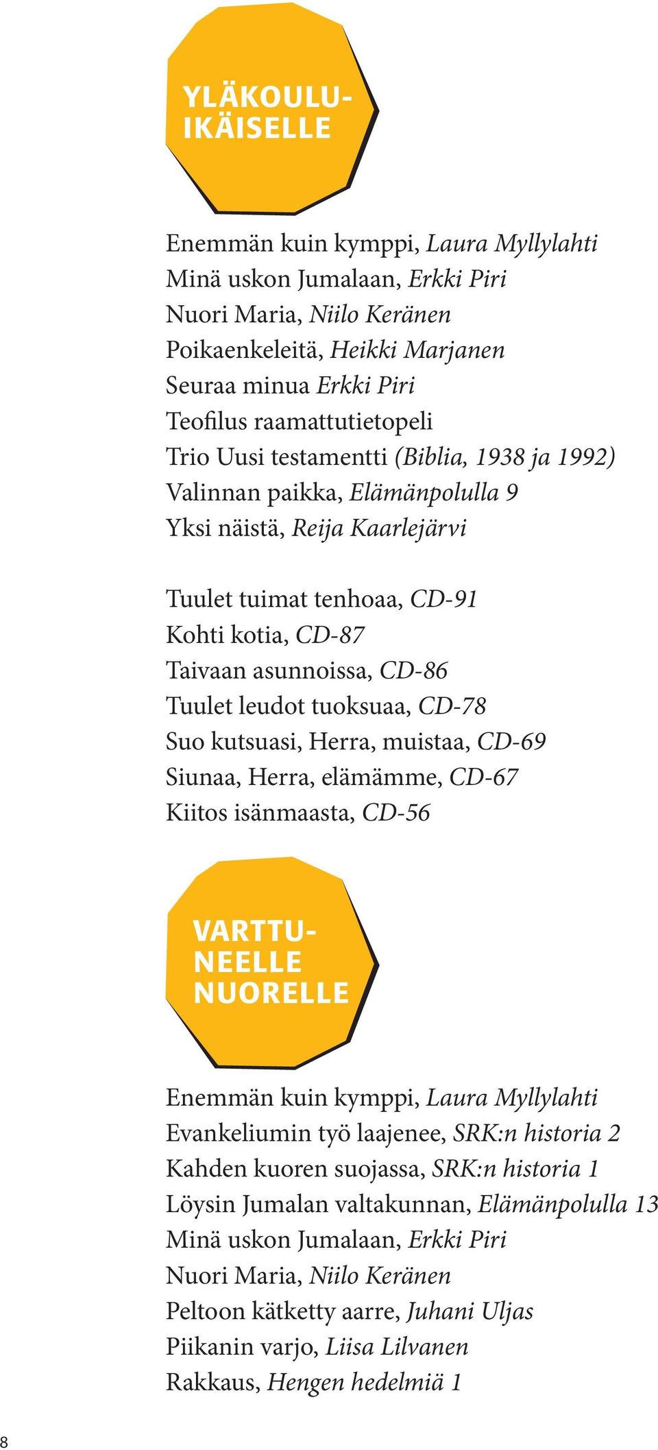 Siunaa, Herra, elämämme, CD-67 Kiitos isänmaasta, CD-56 VARTTU- NEELLE NUORELLE Enemmän kuin kymppi, Laura Myllylahti Evankeliumin työ laajenee, SRK:n historia 2 Kahden