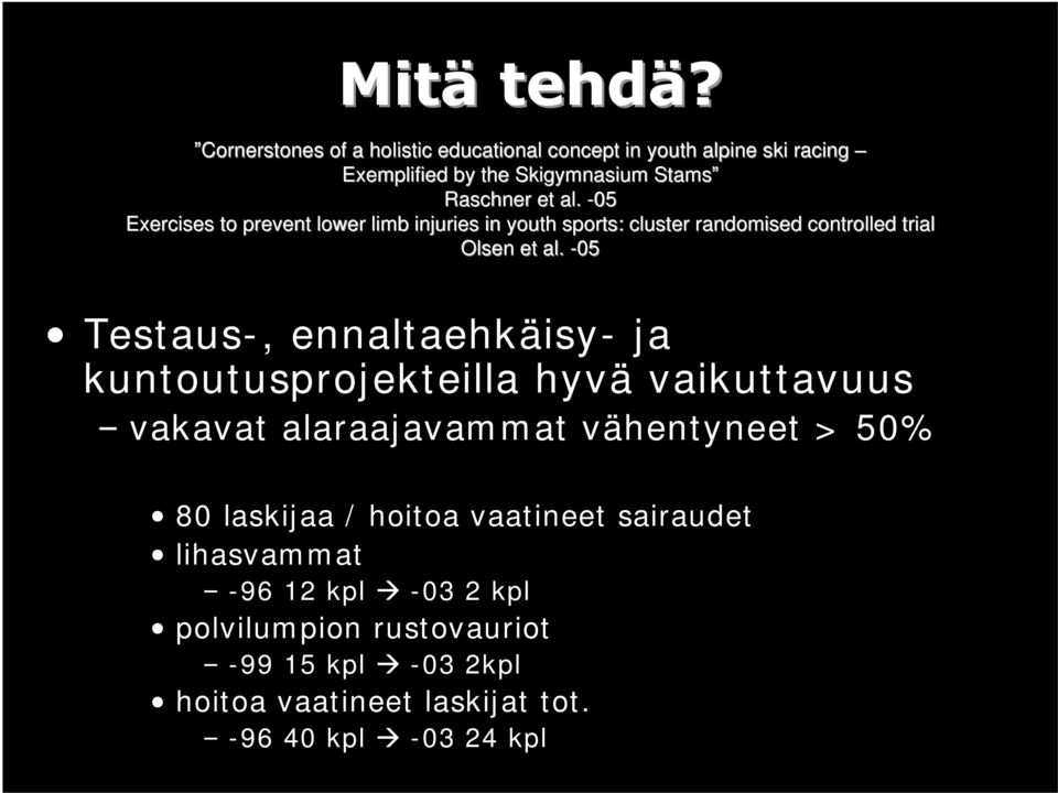 -05 Testaus-, ennaltaehkäisy- ja kuntoutusprojekteilla hyvä vaikuttavuus vakavat alaraajavammat vähentyneet > 50% 80 laskijaa /