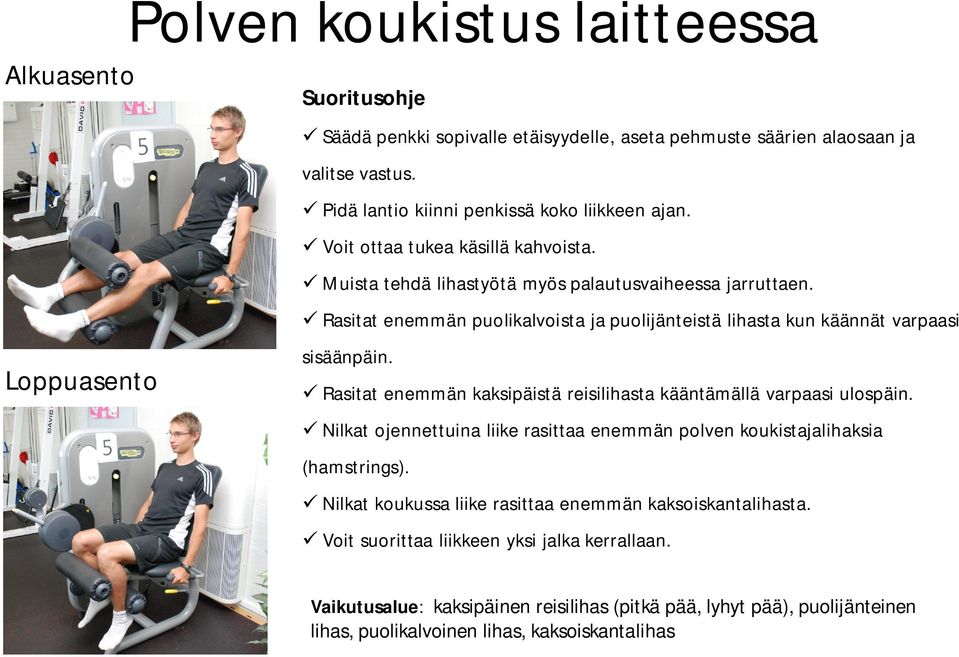 Rasitat enemmän kaksipäistä reisilihasta kääntämällä varpaasi ulospäin. Nilkat ojennettuina liike rasittaa enemmän polven koukistajalihaksia (hamstrings).