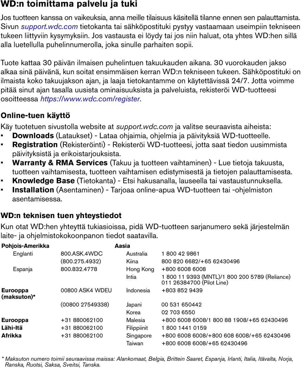 Jos vastausta ei löydy tai jos niin haluat, ota yhtes WD:hen sillä alla luetellulla puhelinnumerolla, joka sinulle parhaiten sopii. Tuote kattaa 30 päivän ilmaisen puhelintuen takuukauden aikana.