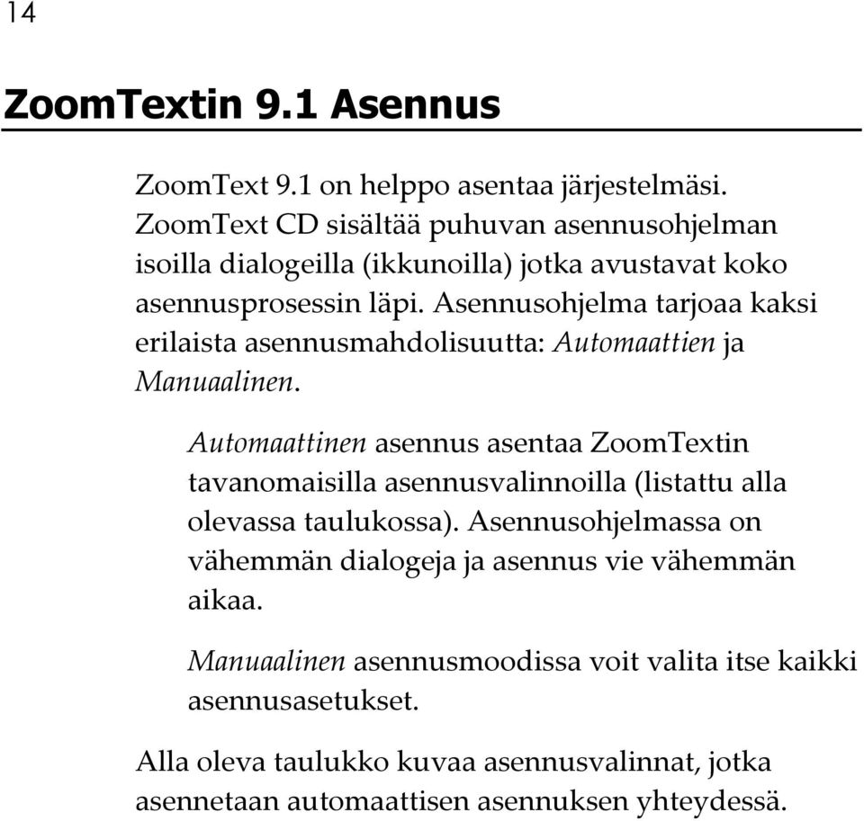 Asennusohjelma tarjoaa kaksi erilaista asennusmahdolisuutta: Automaattien ja Manuaalinen.