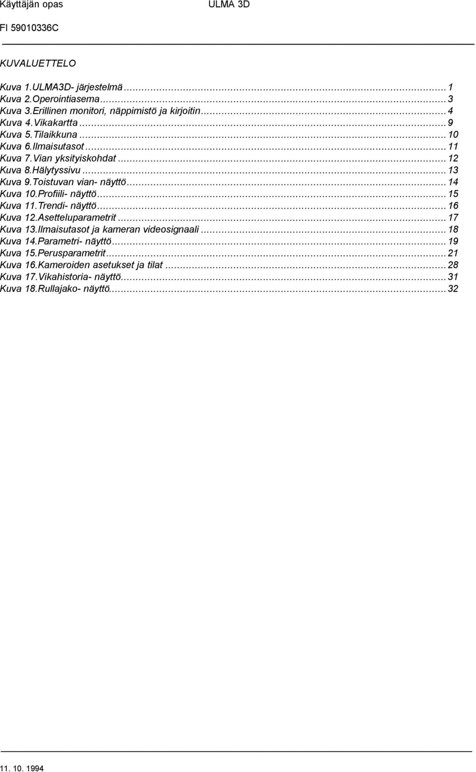 ..14 Kuva 10.Profiili- näyttö...15 Kuva 11.Trendi- näyttö...16 Kuva 12.Asetteluparametrit...17 Kuva 13.Ilmaisutasot ja kameran videosignaali...18 Kuva 14.