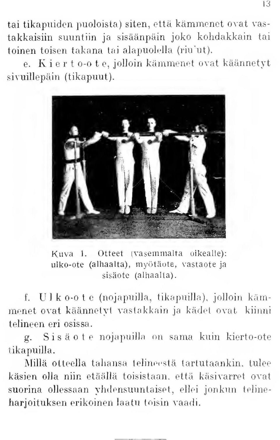 Ulko-ote (nojapuilla, tikapuilla), jolloin kämmenet ovat käännetyt vastakkain ja kädet ovat kiinni telineen eri osissa. g. Sisäote nojapuilla on sama kuin kierto-ote tikapuilla.