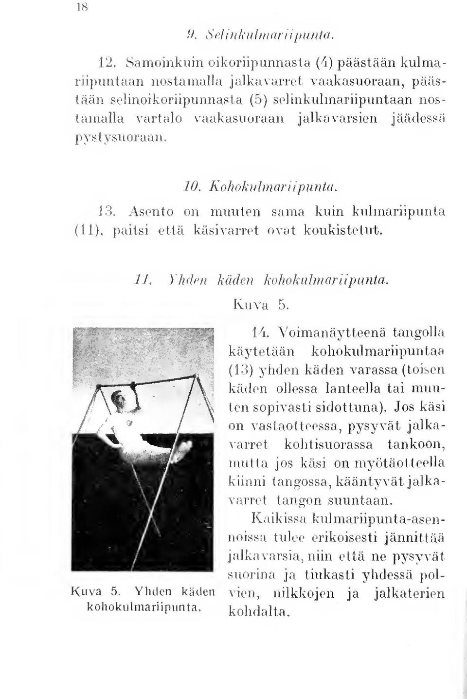 jäädessä pystysuoraan. 10. Kohokulmariipunta. 13. Asento on muuten sama kuin kulmariipunta (11), paitsi että käsivarret ovat koukistetut. 11. Yhden käden kohokulmariipunta. Kuva 5.