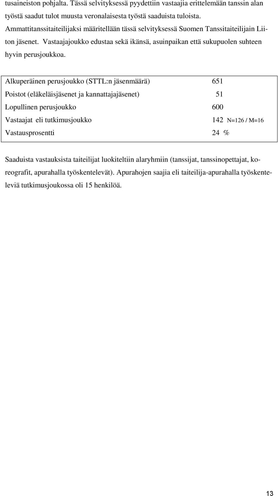 Alkuperäinen perusjoukko (STTL:n jäsenmäärä) 651 Poistot (eläkeläisjäsenet ja kannattajajäsenet) 51 Lopullinen perusjoukko 600 Vastaajat eli tutkimusjoukko 142 N=126 / M=16 Vastausprosentti 24