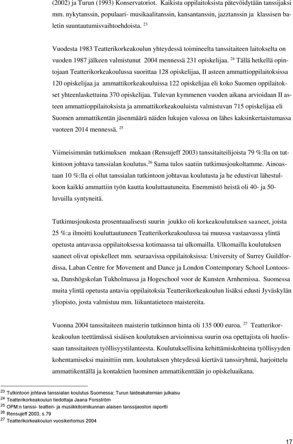 23 Vuodesta 1983 Teatterikorkeakoulun yhteydessä toimineelta tanssitaiteen laitokselta on vuoden 1987 jälkeen valmistunut 2004 mennessä 231 opiskelijaa.