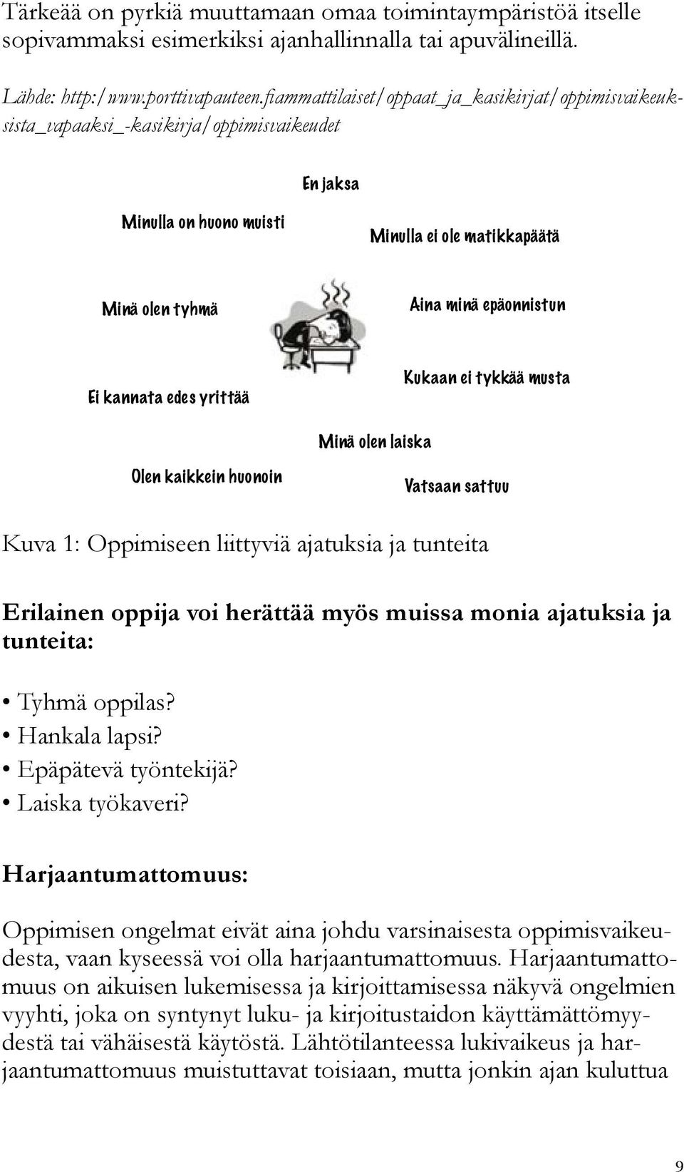 kannata edes yrittää Kukaan ei tykkää musta Minä olen laiska Olen kaikkein huonoin Vatsaan sattuu Kuva 1: Oppimiseen liittyviä ajatuksia ja tunteita Erilainen oppija voi herättää myös muissa monia